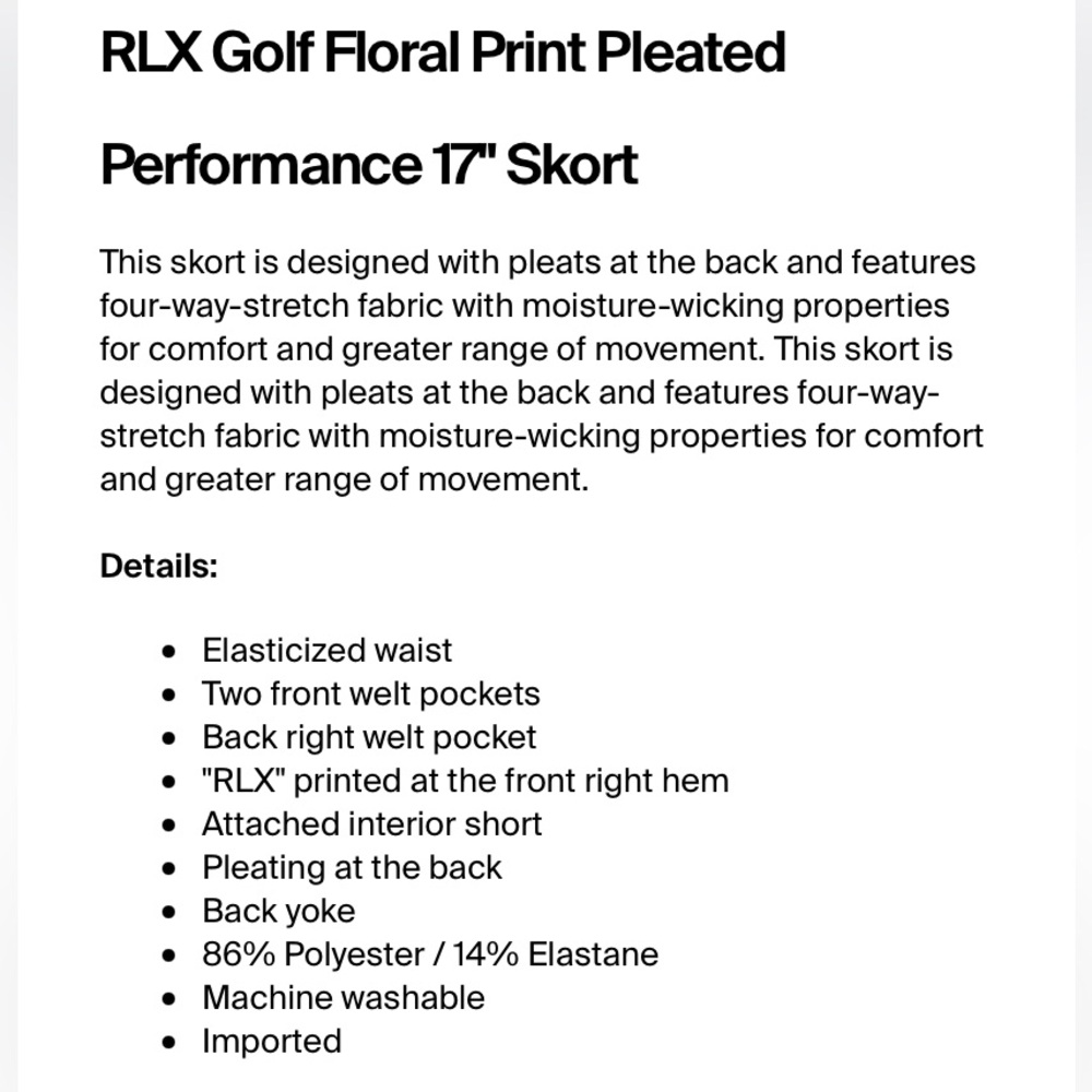 NWT RLX Polo Ralph Lauren Womens Golf Floral Print Pleaded Performance 17” Skort - Picture 5 of 9